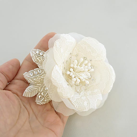 Swarovski Crystal Lace and Pearl Flower Headpiece Silver Ivory Floral Lace, Pearl, Swarovski Crystal  main image 3