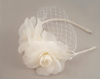 100% Silk Bridal Floral Headband with Net, Hand Pressed Flower Wedding Headband. Floral Wedding Headpiece, Spring Wedding Flower Headpiece