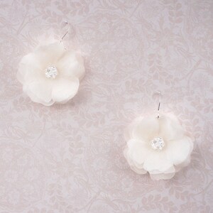 Handmade White Flower Earrings, Pure Silk Bridal Dangle Earrings, Swarovski, Floral Earring, Garden Wedding, Crystal Silver, Bridesmaid Gift image 6