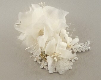 Pure Silk Bridal Headpiece, Flower Bridal Comb Flower, Garden Wedding Headpiece, Spring Wedding Head Piece, Feather Netting Freshwater pearl