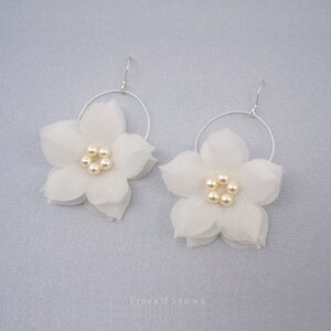 Pure Silk Cherry Blossom Fabric Flower Earrings, Flower Floral Wedding Earrings, Flower Dangle Pearl Earring, Garden Wedding Flower Earrings image 4