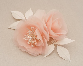 Blush Pink Silk Flower Bridal Comb, Crystal Pearl Headpiece