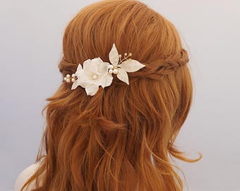 Pure Silk Floral Wedding Comb, Freshwater Pearl Bridal Hair Piece, Fall Wedding Headpiece, Gold Bridal Comb, Handmade Flower Bridal Comb