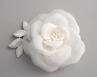 Handmade Ivory Silk Flower Brooch, Bridal Headpiece