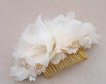 Pure Silk White Bridal Headpiece with Lace and Pearl, White Handmade Flower