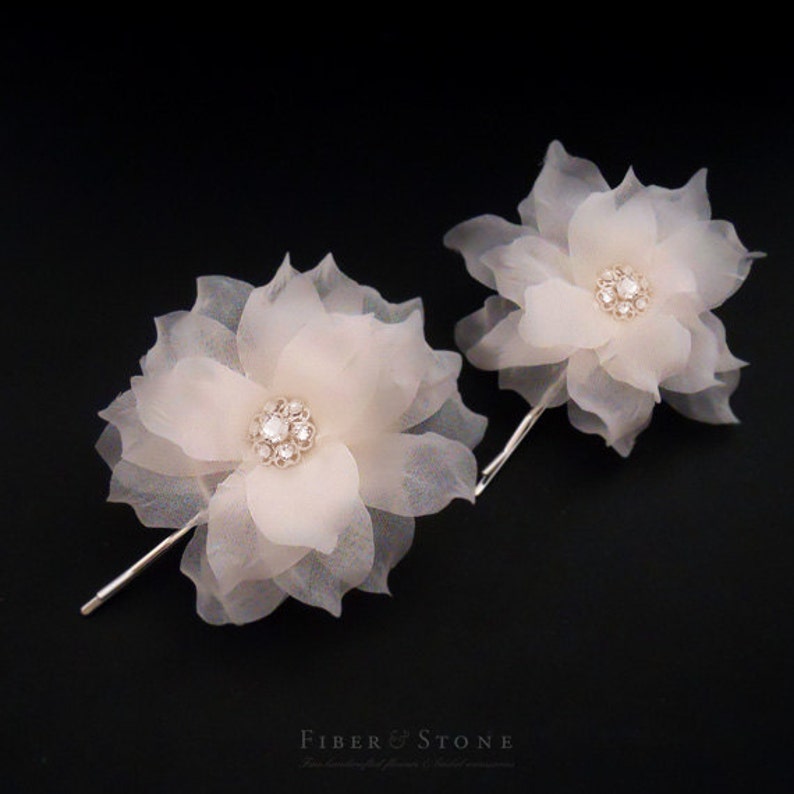 Swarovski Bridal Floral Hairpins Handmade Flower with Sheer silk Organza, Beach Wedding Floral Headpiece with Swarovski Crystal Rhinestone image 3