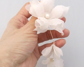 Silk Floral Dangle Earrings, Freshwater Pearls, Sterling Silver