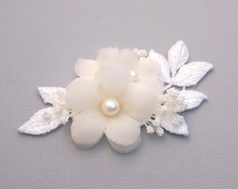 Handmade Silk Bridal Flower Hair Clip: Freshwater Pearl, Lace Accent