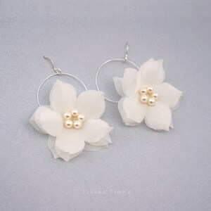 Pure Silk Cherry Blossom Fabric Flower Earrings, Flower Floral Wedding Earrings, Flower Dangle Pearl Earring, Garden Wedding Flower Earrings image 3