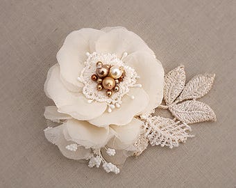 Vintage Inspired Pearl Bridal Hair Clip, Ivory Silk Flower