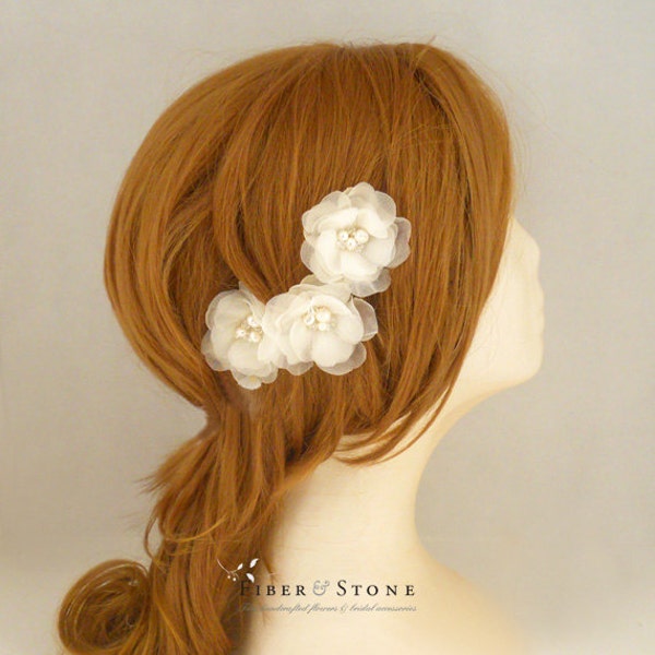 Hand Pressed Bridal Hair Flowers Freshwater Pearls , Ivory Wedding Hair Flowers, Bridal Headpiece, Wedding Headpiece, Swarovski Crystal Silk
