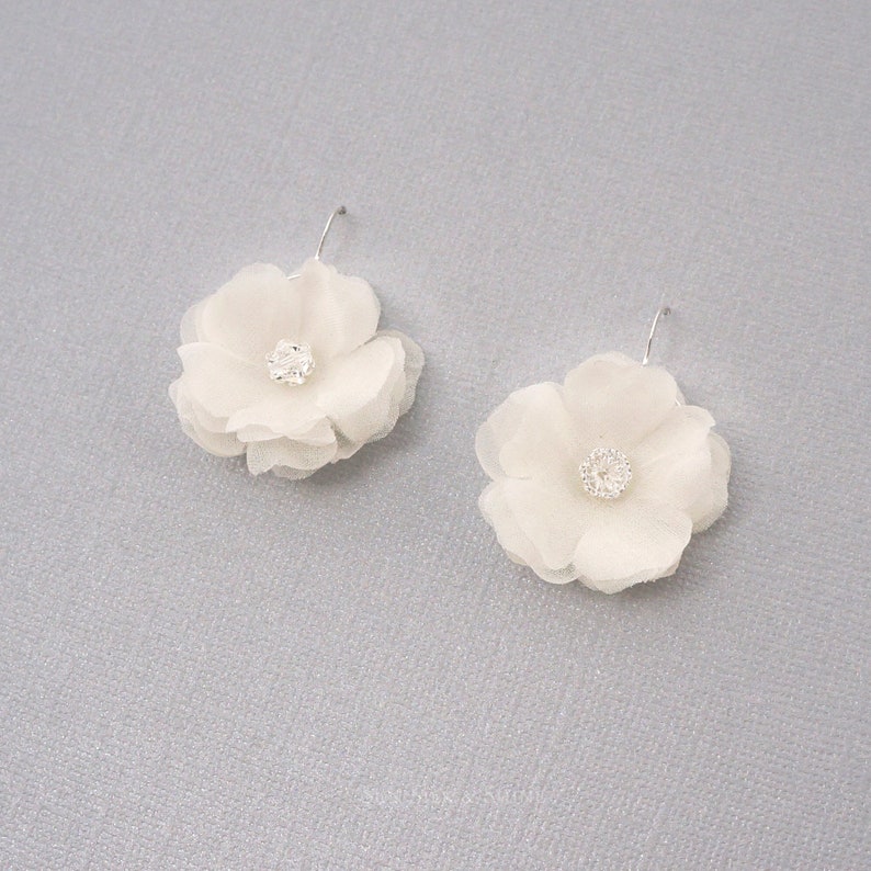 Handmade White Flower Earrings, Pure Silk Bridal Dangle Earrings, Swarovski, Floral Earring, Garden Wedding, Crystal Silver, Bridesmaid Gift image 8