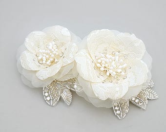 Lace Bridal Flower Hairpiece, Crystal & Silk, Set of 2
