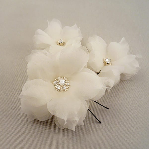Swarovski Crystal Cherry Blossom Bridal Hair Pins, Silk Flower Headpiece (Set of 3)