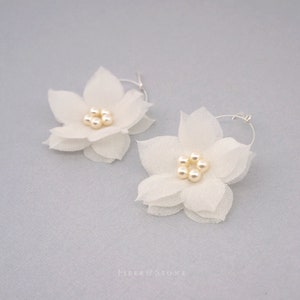 Pure Silk Cherry Blossom Fabric Flower Earrings, Flower Floral Wedding Earrings, Flower Dangle Pearl Earring, Garden Wedding Flower Earrings image 5
