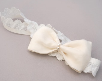 Handmade Silk Wedding Garter, Pearl Bow, Lace, Bridal Lingerie