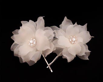 Swarovski Crystal Bridal Hair Flower Pins, Pure Silk Wedding Hairpiece