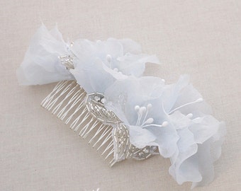 Pure Silk Bridal Hair Comb, Blue Flower Bridal Comb, Silver and Blue Wedding Comb, Floral Wedding Hair Comb, Spring Wedding Handmade Flower