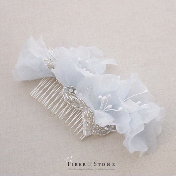 Pure Silk Bridal Hair Comb, Blue Flower Bridal Comb, Silver and Blue Wedding Comb, Floral Wedding Hair Comb, Spring Wedding Handmade Flower