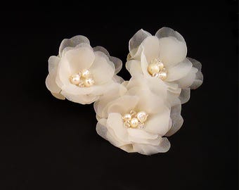 Silk Bridal Hair Flower, Pearl Crystal Wedding Pins, Ivory White Floral Bride Hair Accessories