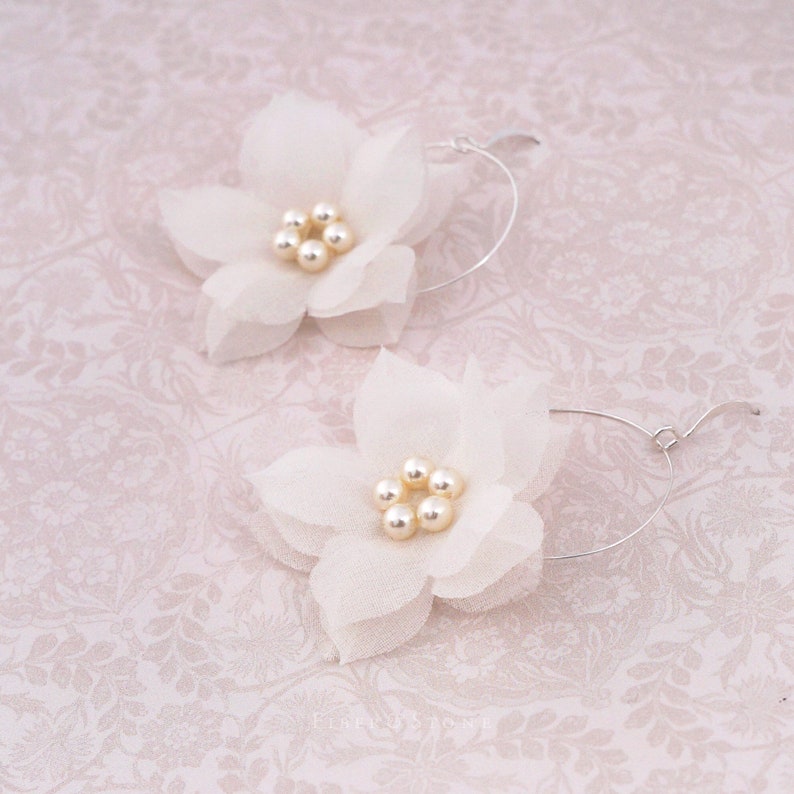 Pure Silk Cherry Blossom Fabric Flower Earrings, Flower Floral Wedding Earrings, Flower Dangle Pearl Earring, Garden Wedding Flower Earrings image 1