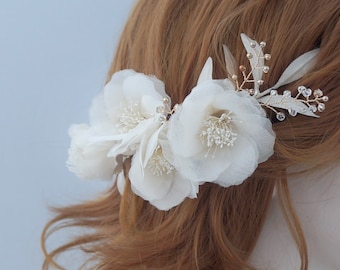Silk Flower Bridal Hair Comb, Gold Wedding Headpiece, Swarovski Pearls