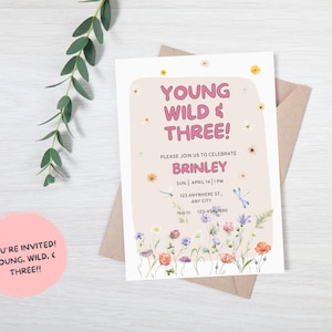 Young Wild and Three Birthday Invitation | 3rd Birthday Party Invite | Editable Digital Boho Birthday Card | Printable Floral Kid Invitation