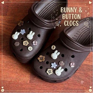 Neutral Bunny Button Flower Shoe Charms Set, Cottagecore Vintage Clog Pins