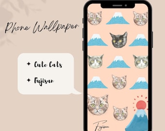 Fondo de pantalla para móvil con gatos y el monte Fuji (descarga digital)