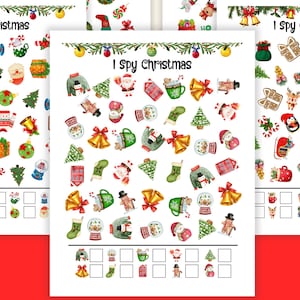 Puede incluir: Juegos de Navidad imprimibles con "I Spy Christmas" en cinco páginas. Cada página muestra ilustraciones festivas de adornos, regalos y símbolos navideños. El texto "US LETTER - A4 SIZES" está en la parte inferior.