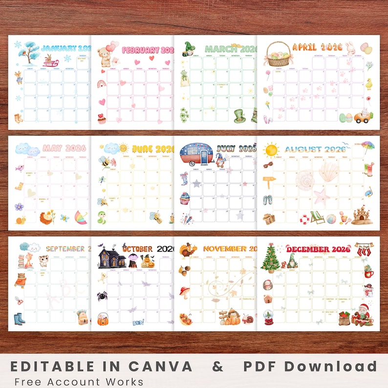 2026 Monthly Calendar Printable, Editable Preschool & Elementary ...