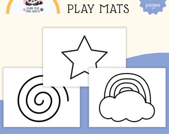 May include: A set of white play mats with black outlines of a star, rainbow, and spiral. The mats are for loose parts play. The image includes text that says "Loose Parts Play Mats", "60 pages", and "US Letter - A4 Sizes - Instant Download".