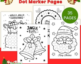 May include: A set of Christmas dot marker pages with festive illustrations, including Santa Claus and bells. The text "CHRISTMAS Dot Marker Pages" is displayed. The pack contains 35 pages and is available in US Letter and A4 sizes, suitable for festive activities.