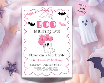 Little Boo is Turning 2 Invitation, Two Spooky Halloween Ghost 2nd Birthday Party Invitation Girl, Cute Pink Ghost 2nd Birthday Party Invite