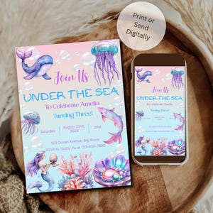 Under The Sea Birthday Invitation Template, Mermaid Under Water Birthday Invite, Girls Ocean Animals Invitation, Printable Invite, Evite.