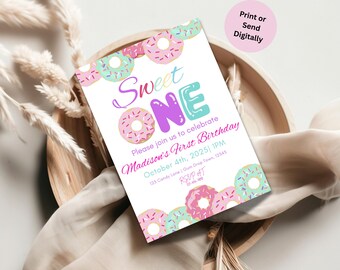 Sweet One Birthday Invitation, 1st Birthday Girl Invitation Pastel Sweets Invite Dessert Donut , 5x7 Invites