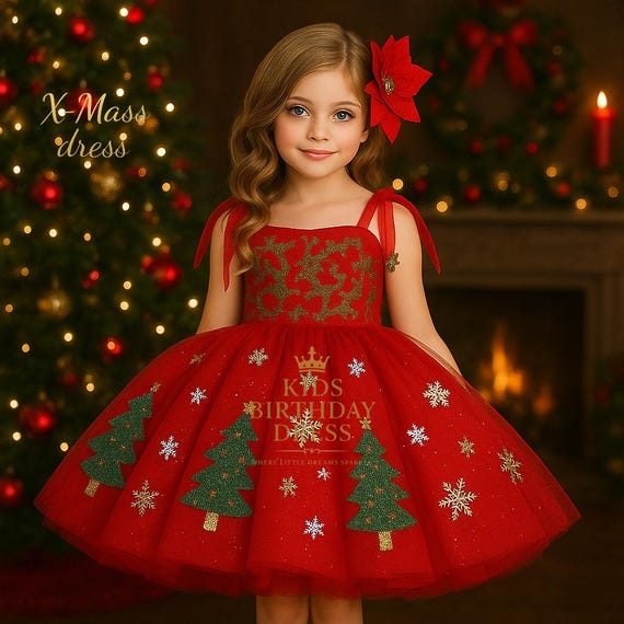 Red Christmas Tutu Dress: Snowflake Tree Applique Holiday Outfit