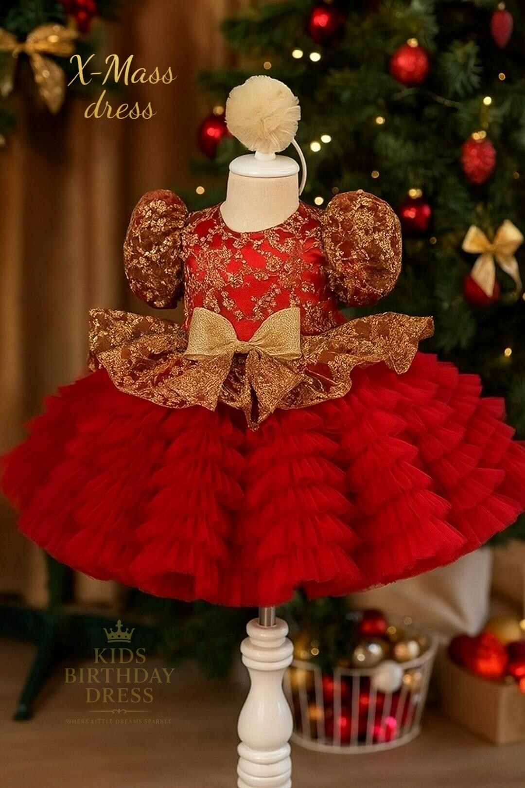 open lace back dress Children's Red New Year Christmas Dress Girls Birthday Party Princess Dress main image 0