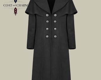 Men’s Black Gothic Steampunk Highwayman Coat – Victorian Knee-Length Jacket – New Men’s Costume Outerwear