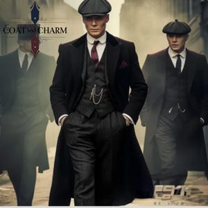 May include: Three men in vintage-style suits and hats. The central figure wears a black overcoat, a gray vest, and dark trousers. A pocket watch chain hangs from the vest. The other men are similarly dressed in dark suits and hats. The image has a vintage aesthetic.