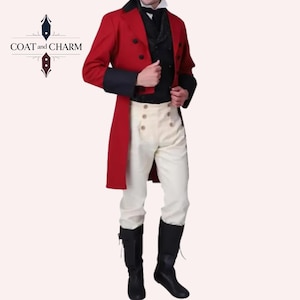 May include: A red coat with black trim and a black vest, worn with cream-coloured trousers and black boots. The coat has a double-breasted design and the text "COAT and CHARM" is visible.