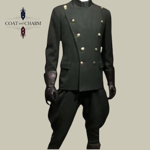 May include: Dark green military-style jacket and pants set with gold buttons. The jacket features a high collar and double-breasted design. The outfit includes black gloves and matching pants. The text "COAT and CHARM" is visible.