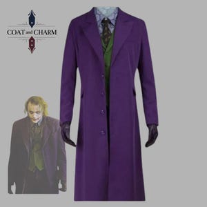 May include: A long, purple coat with a matching suit, green vest, patterned tie, and gloves. The image includes a smaller image of a person wearing a similar outfit. The text "COAT and CHARM" is in the upper left corner.