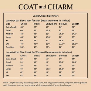 May include: A size chart for jackets and coats, with measurements in inches for men and women. The chart includes sizes from extra small to 2XL, with chest, waist, shoulders, sleeves, and length measurements. The brand name "COAT and CHARM" is at the top.