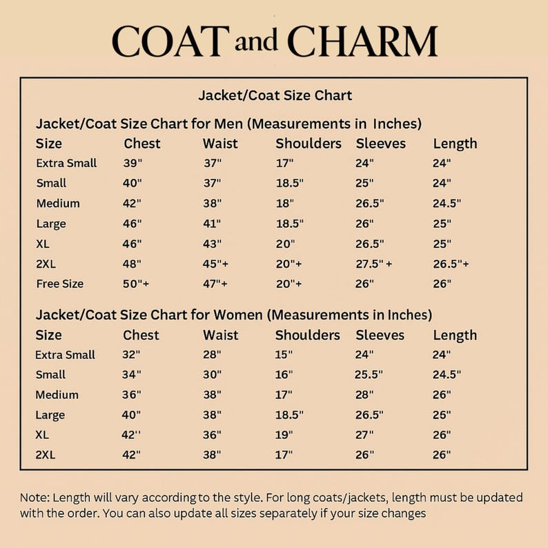 May include: A size chart for jackets and coats, with measurements in inches for men and women. The chart includes sizes from extra small to 2XL, with chest, waist, shoulders, sleeves, and length measurements. The brand name "COAT and CHARM" is at the top.