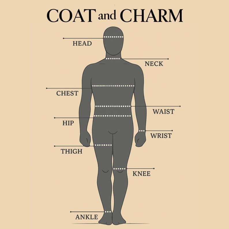 May include: A diagram illustrating body measurements for clothing. The image features a gray silhouette with labeled measurement points: head, neck, chest, waist, hip, thigh, wrist, knee, and ankle. The text "COAT and CHARM" is at the top.