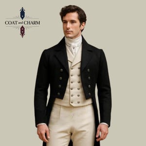 May include: A man wearing a black tailcoat with a cream-colored vest and trousers. The coat has dark buttons and a high collar. The outfit is formal and classic, with the text "COAT and CHARM" in the upper left corner.