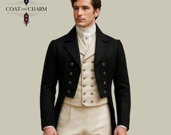 Regency Gentleman’s Black Tailcoat Outfit with Cream Waistcoat & Breeches – Formal Historical Reenactment Attire