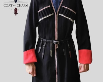 May include: A black coat with red cuffs and white trim, featuring a black belt. The coat has decorative pockets and a V-neck design. The text "COAT and CHARM" is visible in the upper left corner.