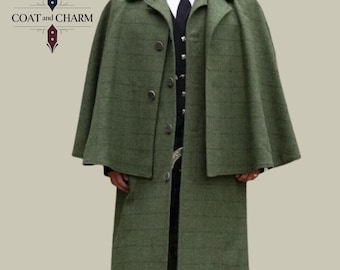 Men’s Tweed Inverness Cape Coat with Detachable Over Cape – Sherlock Holmes Style Victorian Cloak